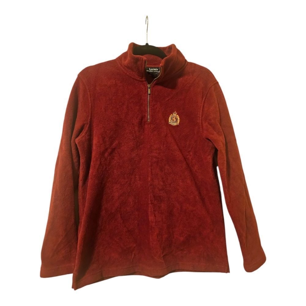 VTG 90s LAUREN RALPH LAUREN Monogram Crest Fleece 1/4 Zip Sweater -‎ Medium